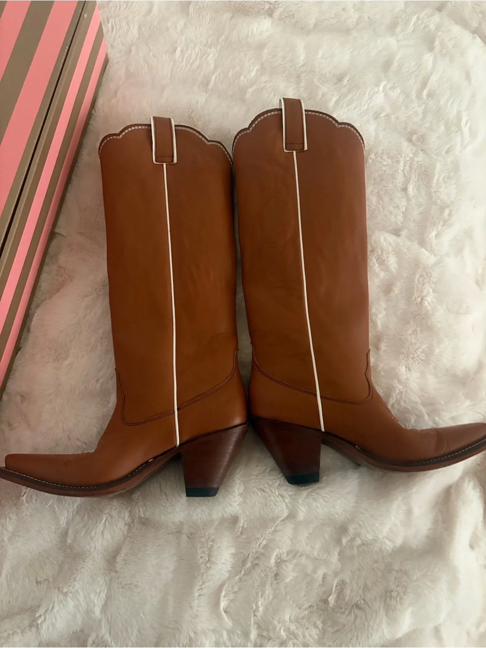 Besita Boots Honey Embroidered Western Boots Knee High Cowboy Brown White